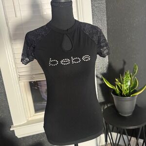 Bebe Black Rhinestone Logo Top Lace Short Sleeve Keyhole Mock Neck Y2K Blouse